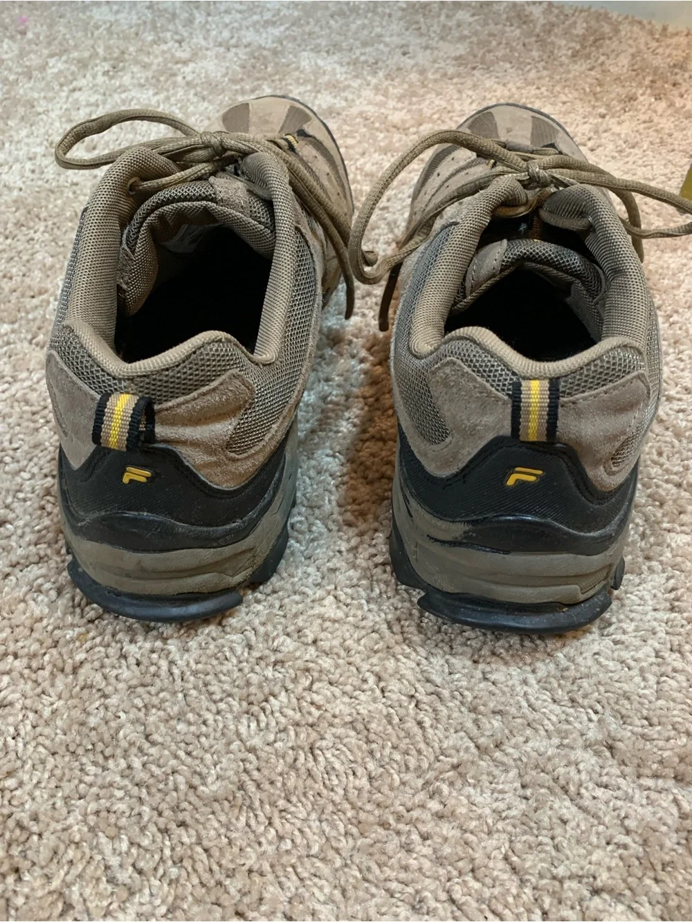 FILA Men's Tan and Black Athletic Trail Sneakers with Yellow Accents